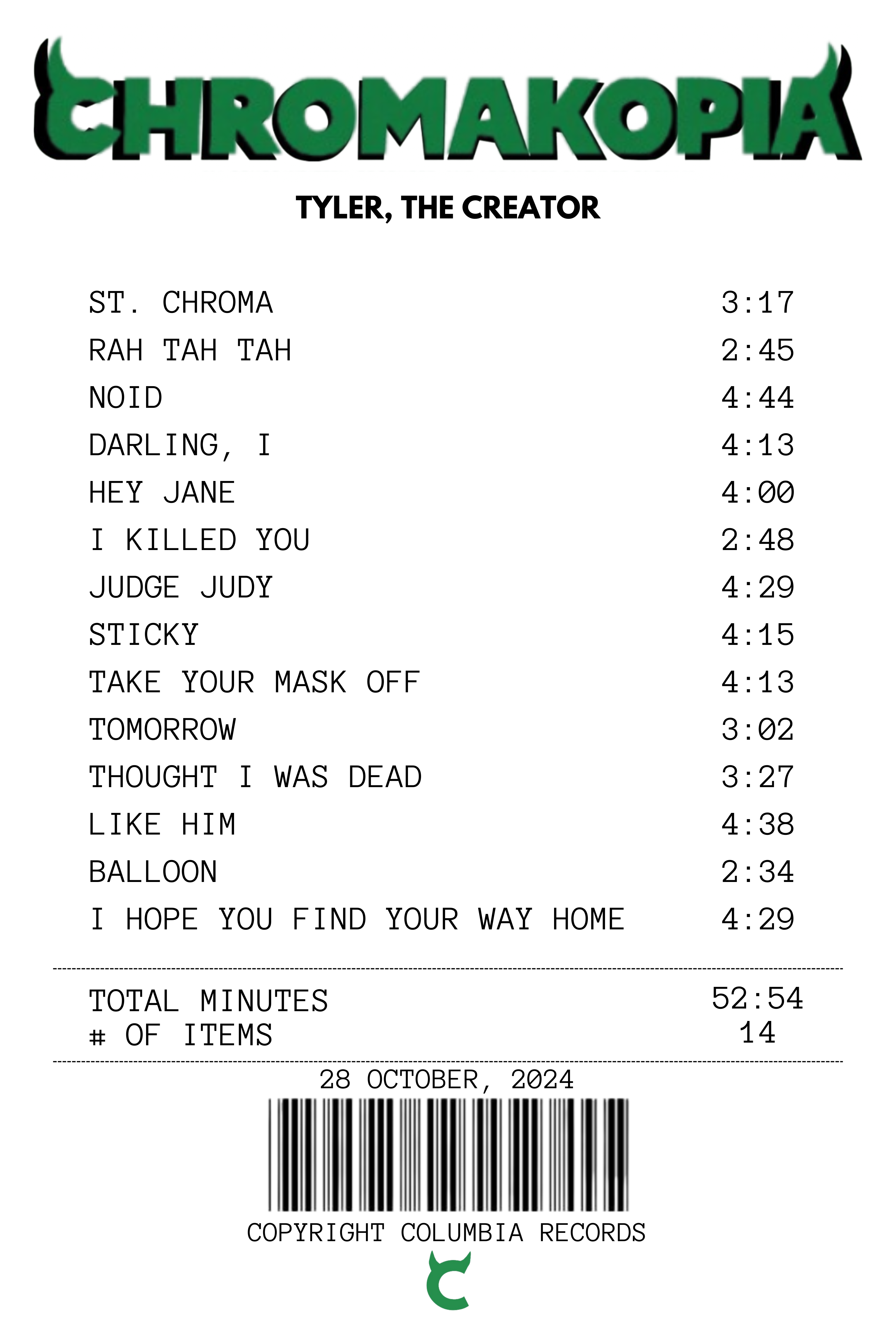 Chromakopia Receipt Rug - Tyler, The Creator