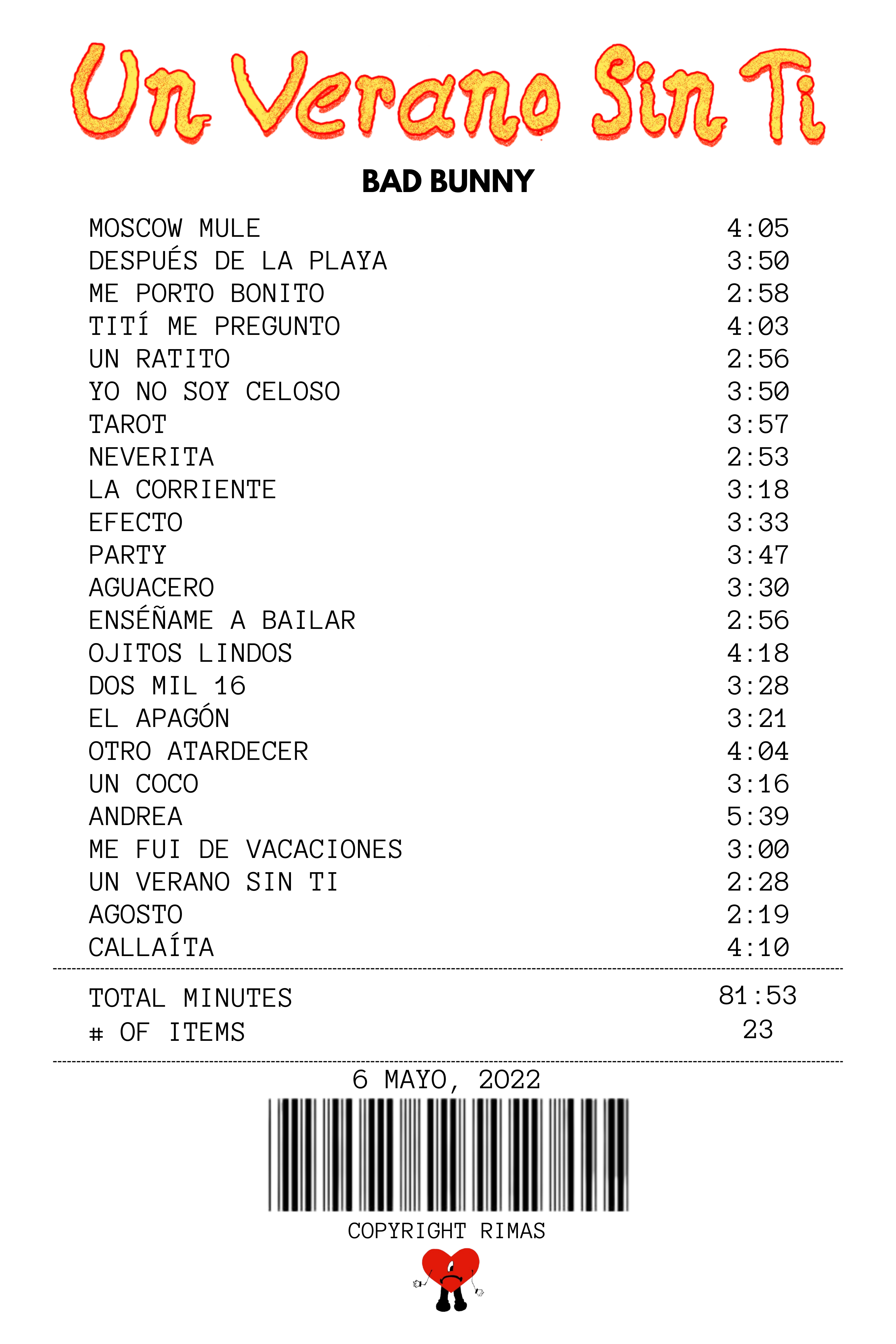 Un Verano Sin Ti Receipt Rug - Bad Bunny